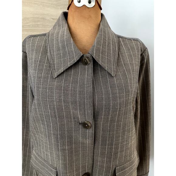 Express Sz M Pinstripe Collared Jacket Neutral Office Tailored Cropped Stretch - Picture 6 of 15